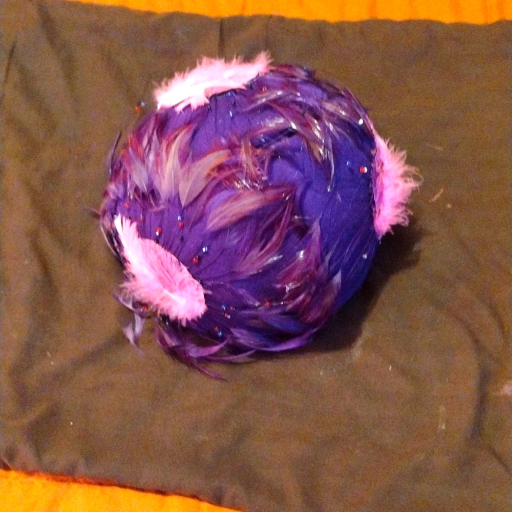 Michael Howard Ladies dress hat covered in pink and purple feathers